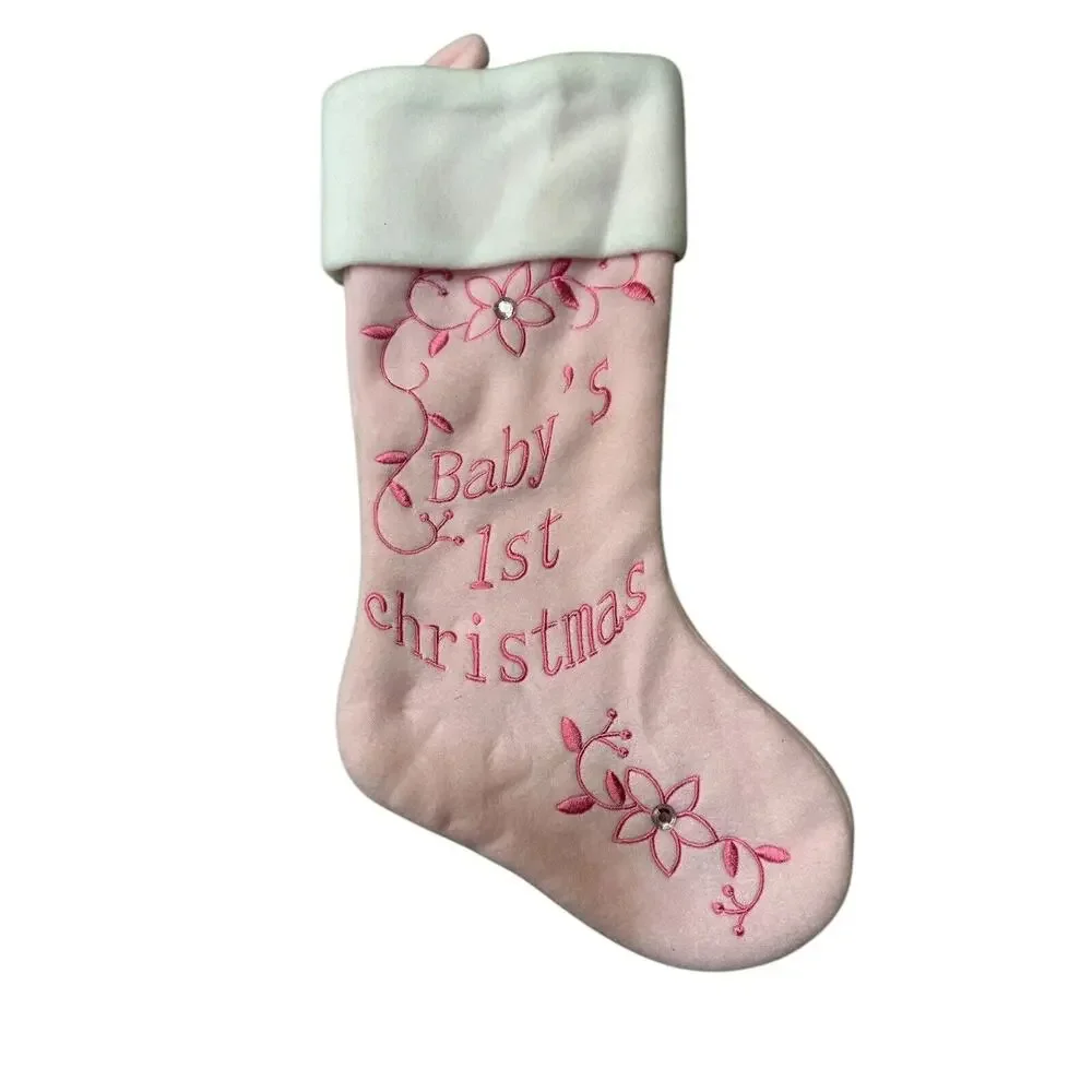 New Baby's First Christmas Pink Embroidered Stocking